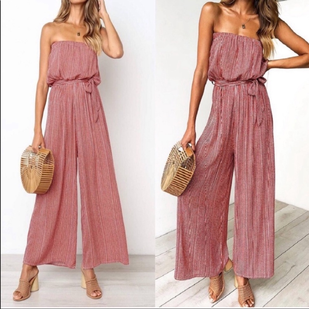 🆕 Red Strapless Jumpsuit with Waist Tie - Picture 2 of 2